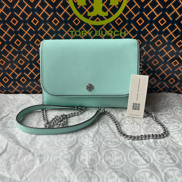 Tory Burch Emerson Chain Wallet Crossbody Soft Aqua - Picture 1 of 11